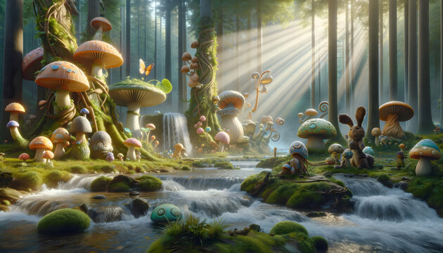 AI generated photo of a sunlit, open fantasy forest with diverse magical creatures, oversized mushrooms at various growth stages, and a wider stream with small waterfalls