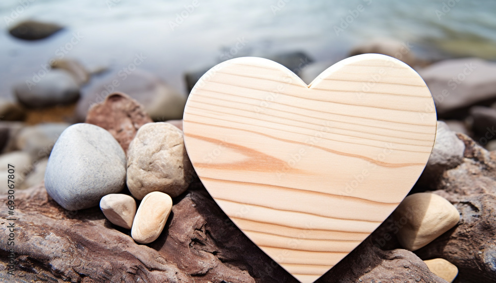 Poster love in nature, heart shaped pebble, romance stone generated by ai