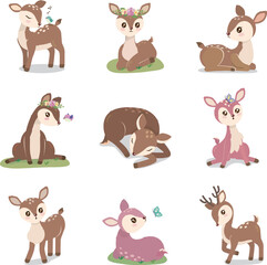 Vintage deer in different poses illustrations set.