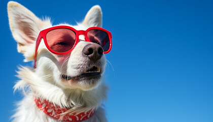 Cute puppy wearing sunglasses, outdoors, looking at camera generated by AI