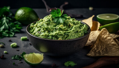 Obraz na płótnie Canvas Fresh guacamole dip with cilantro, lime, and avocado in a bowl generated by AI