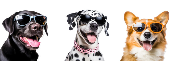 Set of cute dogs wearing sunglasses: Assortment of breeds looking adorable, Isolated on Transparent Background, PNG