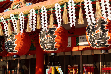 Kyoto, Japan - July 23 2023 : Japanese traditional red lanterns at Fushimi Inari Shrine ( Fushimi...