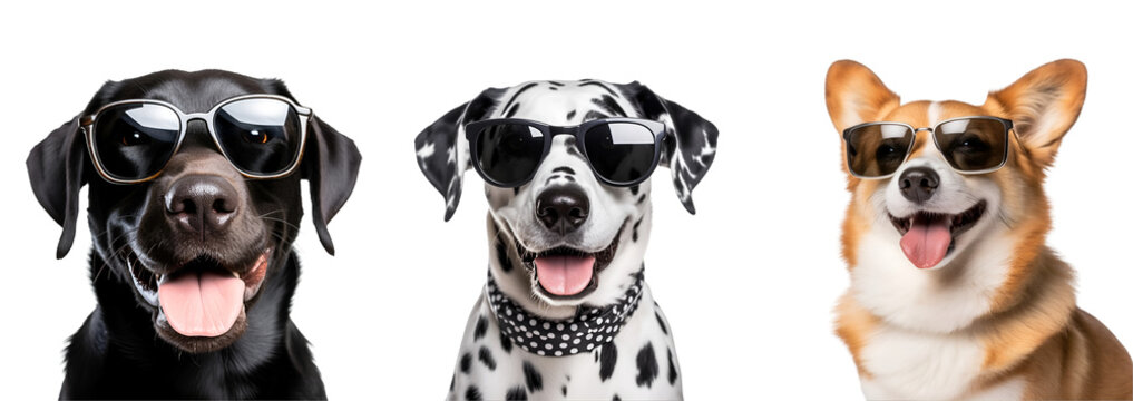 Set of cute dogs wearing sunglasses: Different breeds displaying their cuteness, Isolated on Transparent Background, PNG