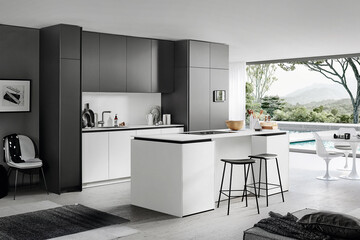 Modern luxury kitchen interior in minimal scandinavian style, 3d rendering