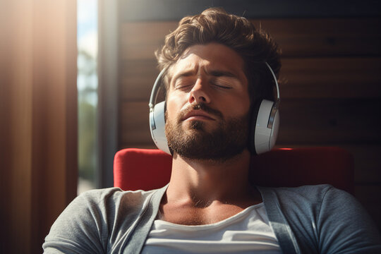 Generative AI picture of young man in headphones listening to music at home