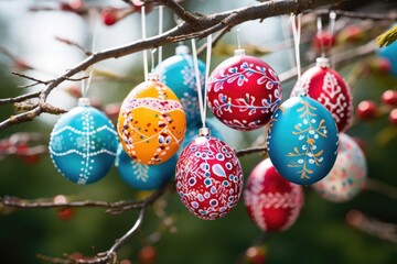 Hand-painted eggs dangle among bare branches, heralding spring festivities