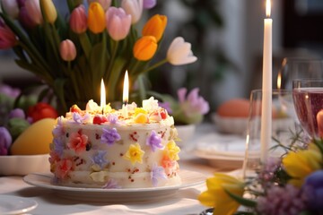 Obraz na płótnie Canvas An Easter-themed cake, gracing a festive table adorned with spring flowers and the warm glow of candles, evoking a festive ambiance