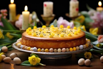 Artisanal celebration cake featuring cute edible figures and yellow bulbous decorations, ready for a party. - obrazy, fototapety, plakaty