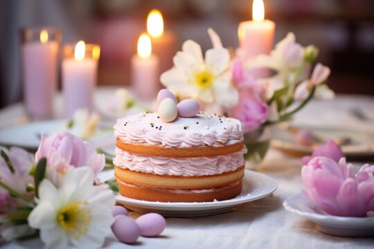 The essence of Easter joy captured in an image: an Easter cake, candles, and a profusion of springtime blossoms on a festive table