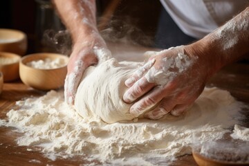 Engaging in the art of breadmaking, as dough for Greek Easter bread is skillfully kneaded amidst a display of baking essentials - obrazy, fototapety, plakaty