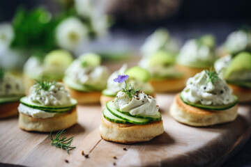 Delicious canapes with garlic, cream cheese and avocado on the plate close up - obrazy, fototapety, plakaty
