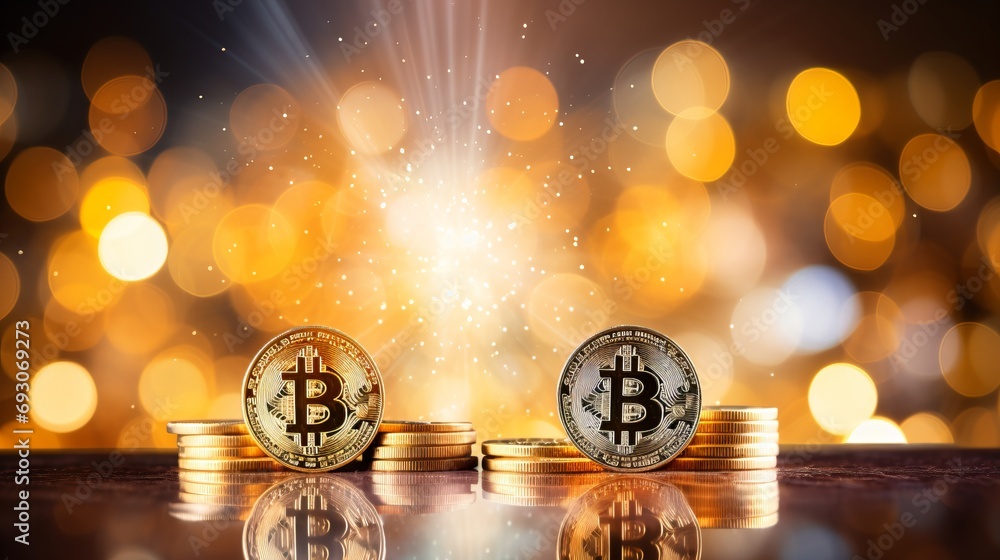 Poster bitcoin cryptocurrency on blurred yellow abstract background with copy space for text placement