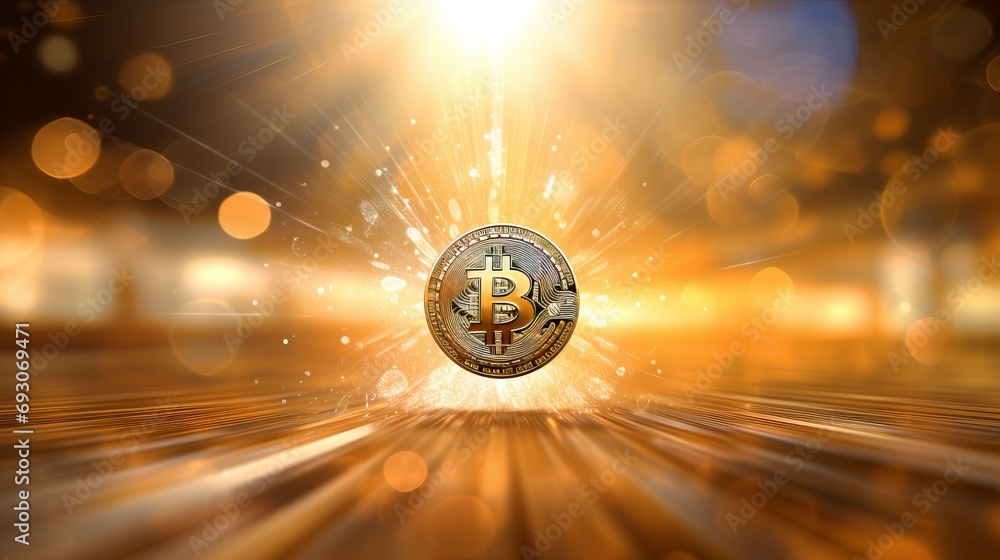 Poster digital bitcoin cryptocurrency on defocused yellow abstract background with space for text placement