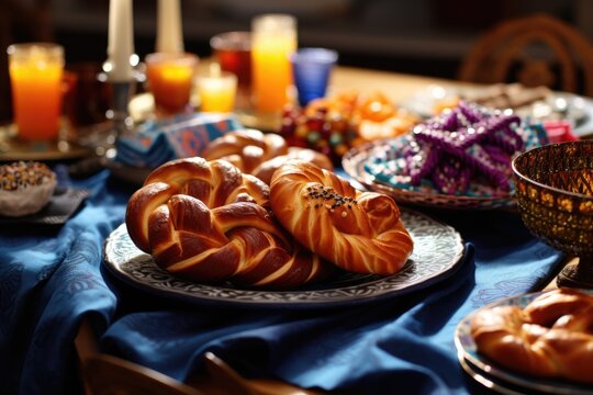 A festive Purim feast is elegantly arranged on a beautifully adorned table, capturing the essence of celebration and tradition