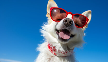 Cute terrier puppy sunbathing with sunglasses, purebred dog generated by AI