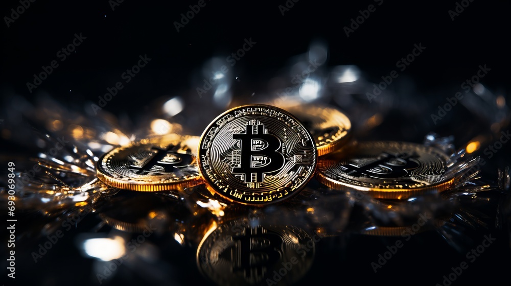 Poster bitcoin concept on blurred defocused black abstract background with copy space for text placement