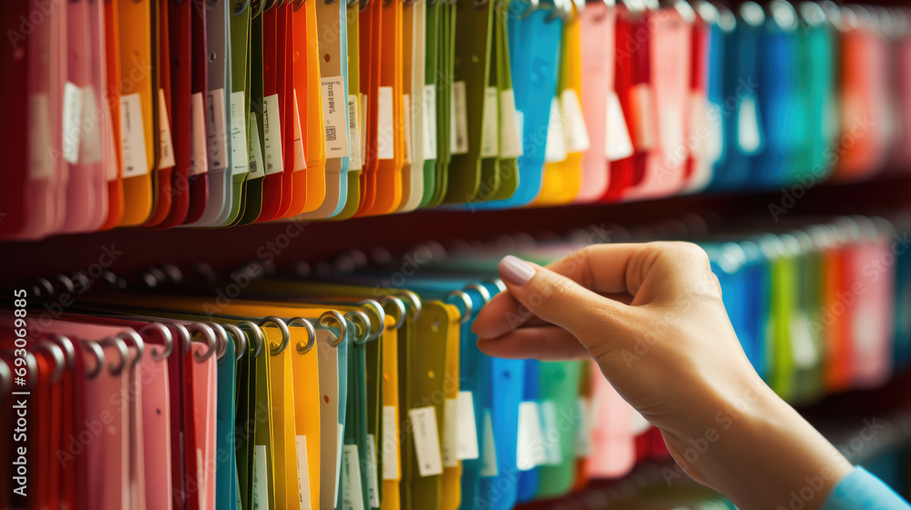 Poster close-up of a person in a business suit searching through open file drawers full of documents.