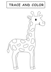 Trace and color for children. Handwriting practice. Coloring page for kids. Preschool worksheet with cute giraffe illustration.