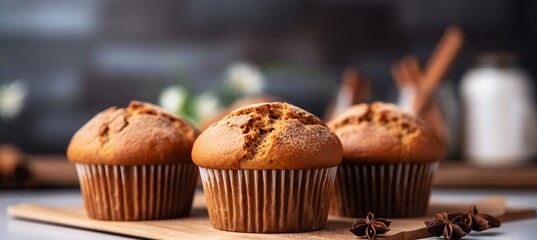 Delicious homemade pumpkin spice muffins on defocused kitchen background with copy space