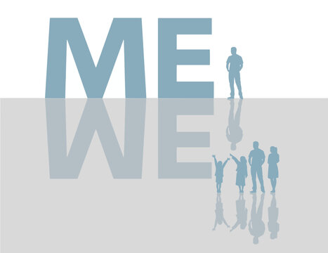 The word me is seen with a man alone and reflected is the word we with a family of four in this illustration about being single or being married.