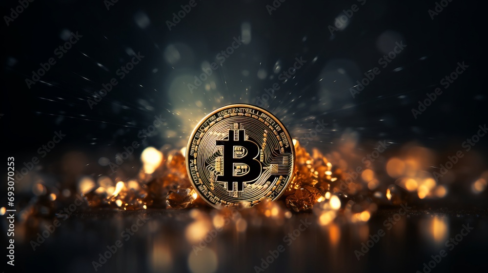 Poster bitcoin on blurred defocused black abstract background with copy space for text placement