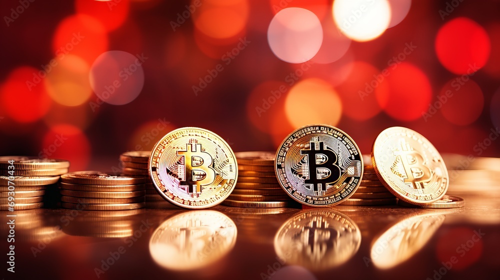 Poster bitcoin on blurred defocused red abstract background with copy space for text placement concept