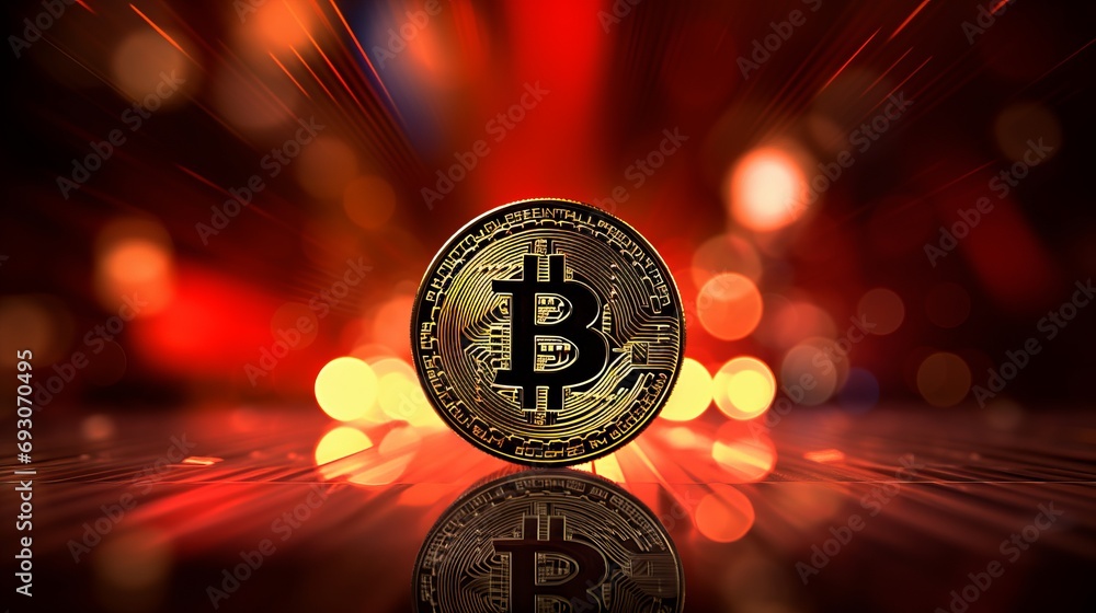 Poster bitcoin cryptocurrency on blurred defocused red abstract background with space for text placement