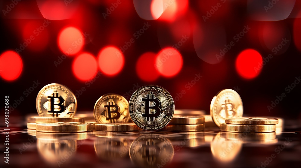 Poster bitcoin on blurred defocused red abstract background with copy space for text placement