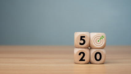 Wooden cubes with net zero icon in 2050 on wooden background, Net zero by 2050, Carbon neutral, Net...