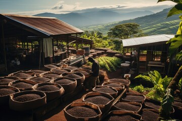 Scenic shot of a chocolate farm with cocoa trees and harvesting activities, showcasing the origin and journey of fine chocolate