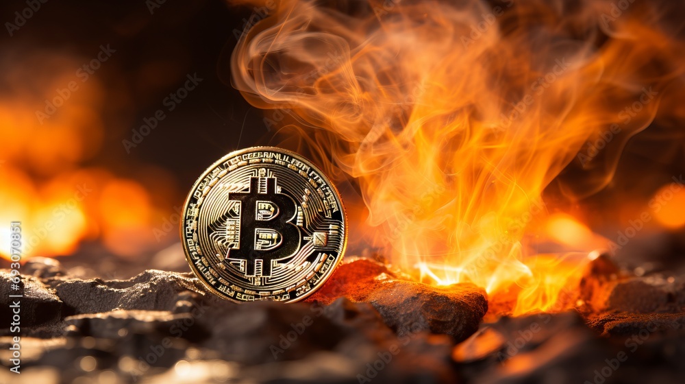 Aufkleber bitcoin on blurred defocused fire abstract background with copy space for text placement
