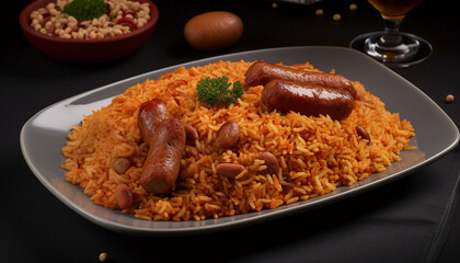 Saffron rice with pork, chicken, and vegetables on plate generated by AI