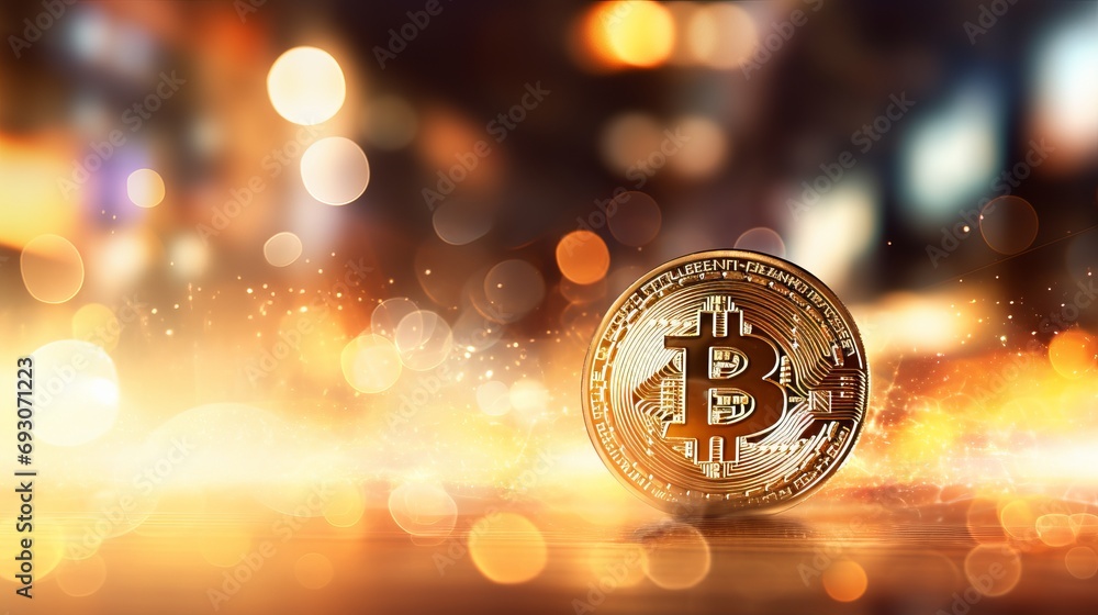 Poster blurred bitcoin on fiery abstract background with text space, cryptocurrency technology concept