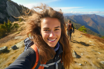 Joyful Brown-Haired Adventurer in Mountain Paradise
