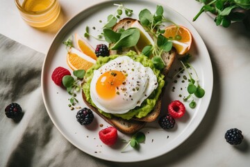 User.Stylish flat lay of a brunch table with avocado toast, poached eggs, and fresh fruit, a trendy  scene