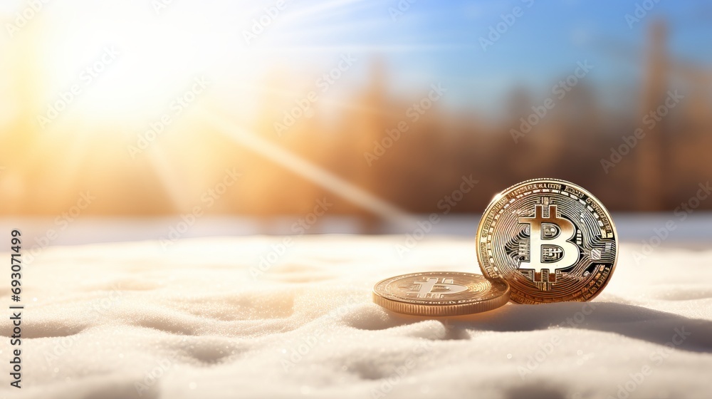 Poster golden bitcoin on blurred defocused winter abstract background with copy space for text placement