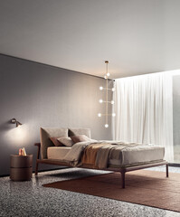 modern bedroom interior in minimal Scandinavian style, brown and grey colors, 3d rendering