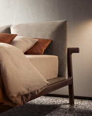 Close up of comfortable bed in brown colors in modern apartment interior, 3d rendering
