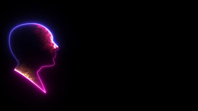 Human head neon line profile icon animation. Glowing blue and purple neon line Human Head silhouette icon isolated on black background. Human anatomy and science concept