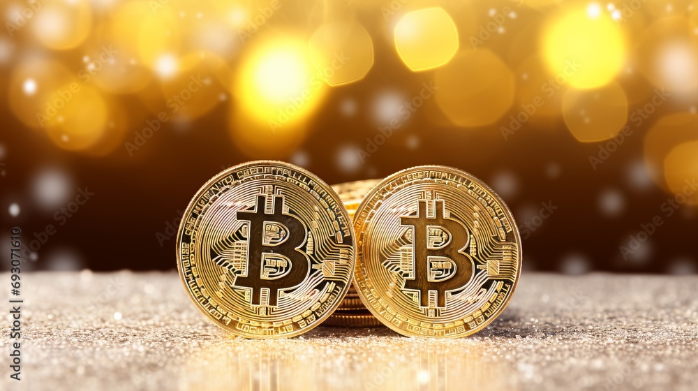 Poster bitcoin concept on blurred winter abstract background with copy space for text placement