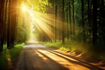 Fototapeta premium Luminous sun rays falling through the green foliage in a beautiful forest, with timber beside a path