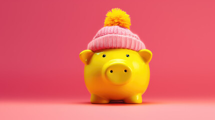 Piggy bank wearing a knit hat with a pom-pom on top, against a vibrant pink background