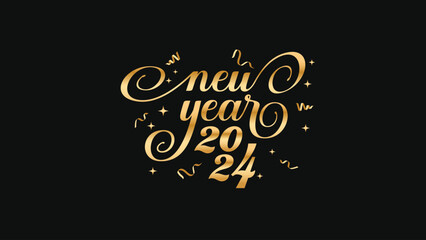 Happy new year 2024. Lettering with golden color effect. Elegant design with ribbon and confetti. Vector illustration