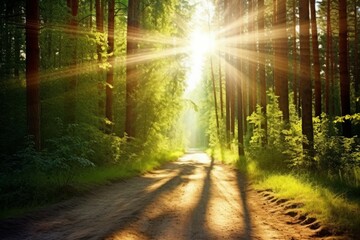 Fototapeta premium Luminous sun rays falling through the green foliage in a beautiful forest, with timber beside a path