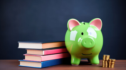 Piggy bank with books against school desk