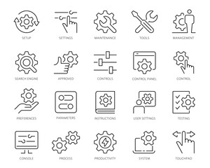 Setup and Settings Icons Set. Collection of simple linear web icons such Installation, Settings, Options, Download, Update, Gears and others and others. Editable vector stroke
