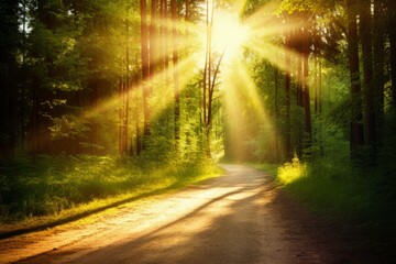 Fototapeta premium Luminous sun rays falling through the green foliage in a beautiful forest, with timber beside a path