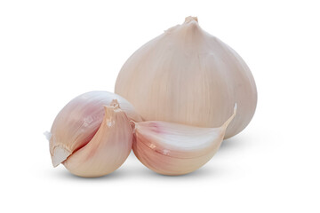 Whole garlic and several cloves isolated on a transparent background.