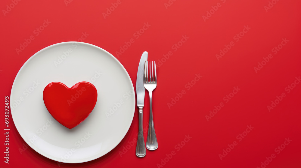 Wall mural red heart on a white plate with a fork and knife on the side, set against a vibrant red background, 